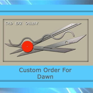 Image of a framed artwork titled "Custom Order For Dawn" from Cold Edge Gallery, featuring two large metal scissors and a red dot against a beige background.
