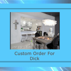 A modern living space with a kitchen in the background features a dining table adorned with a bust sculpture, framed photo, and sleek metal accents. The text reads, "Cold Edge Gallery - Custom Order For Dick.