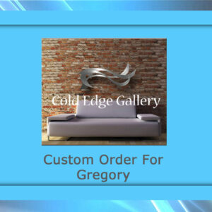 A modern sofa in front of a brick wall under a metallic abstract artwork with the text "Cold Edge Gallery." Below is the text "Custom Order For Gregory" on a blue frame.