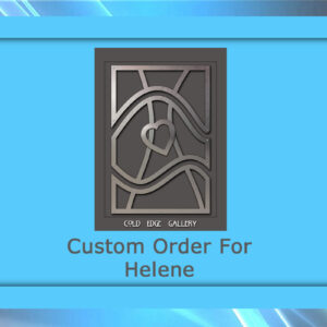 A digital mockup showing a custom metal artwork design for Helene from Gold Edge Gallery. The design features abstract lines and a heart in the center.