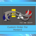 Abstract metal artwork with geometric shapes in a blue frame. Text reads "COLD EDGE GALLERY" and "Custom Order For Howard.