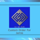 A blue and grey geometric design with text "Cold Edge Gallery" above "Custom Metal Artwork For Jamie" on a blue background.