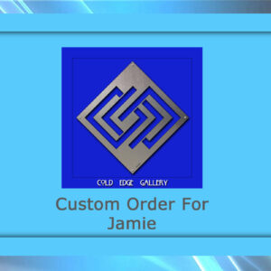 A blue and grey geometric design with text "Cold Edge Gallery" above "Custom Metal Artwork For Jamie" on a blue background.