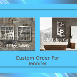 A framed image shows two metal wall decor items labeled "Cold Edge Gallery," with text below reading "Custom Order For Jennifer.
