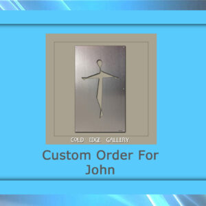 Metal wall art with a minimalist human figure engraving is showcased in a blue frame. Text at the bottom reads "Custom Order For John." The words "COLD EDGE GALLERY" appear above the text.