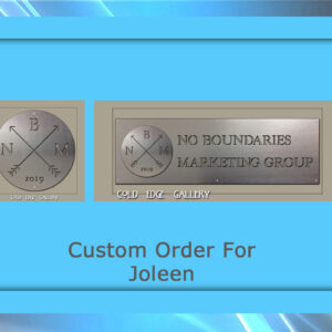 Two silver plaques with the logos and text "No Boundaries Marketing Group" and "Cold Edge Gallery." Caption below reads, "Custom Order For Joleen." The background is blue with streaks of light.
