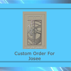 Image of a sign saying "Custom Order For Josee" with a metal artwork featuring gears and patterns in the background, surrounded by a blue frame.