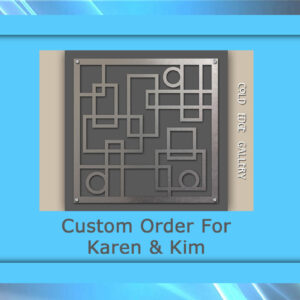 A custom geometric metal wall art piece with square and circle patterns, framed in blue, labeled "Custom Order For Karen & Kim" from Cold Edge Gallery.