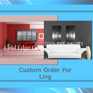 A split image: left side showcases a red room setup with custom artwork and plants, while the right side displays a grey room featuring a white couch and framed metal art. Text reads "Cold Edge Gallery" and "Custom Order For Ling.