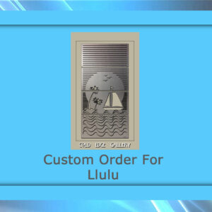 A custom metal plaque from the 'Old Edge Gallery' features an engraved sailboat scene labeled "Custom Order For Llulu," set against a blue background, making it a piece of distinctive artwork.