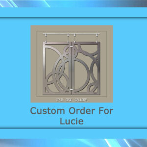 A framed image with text "Custom Order For Lucie" at the bottom and a decorative metal piece with abstract circular patterns in the center.