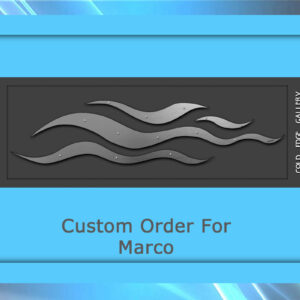 Framed black artwork featuring wavy silver metal lines from the Cold Iron Gallery, labeled "Custom Order For Marco.