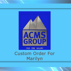 A blue framed image displays the "ACMS Group" logo with two stylized mountains and the text "Cold Edge Gallery." Below the logo, text reads "Custom Metal Artwork for Marilyn.