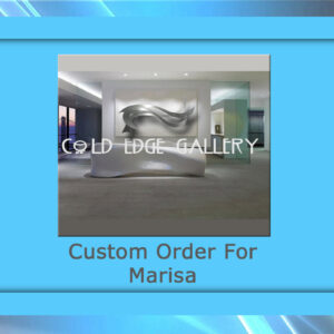 A modern art gallery exhibit labeled "COLD EDGE GALLERY," featuring a large abstract sculpture. The bottom of the frame reads "Custom Order For Marisa.