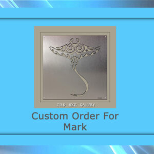 Custom metal artwork with an ornate design, presented by Gold Edge Gallery, accompanied by text "Custom Order For Mark" displayed on a blue background.