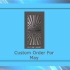 A rectangular metallic art piece with a radial pattern, titled "Custom Order For May," is displayed within a blue frame. The artwork is from the collection "Gold Edge Gallery.