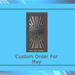 A rectangular metallic art piece with a radial pattern, titled "Custom Order For May," is displayed within a blue frame. The artwork is from the collection "Gold Edge Gallery.
