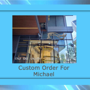 A photograph of the entrance to "Cold Edge Gallery" framed with a blue border. Text on the frame reads, "Custom Artwork For Michael.