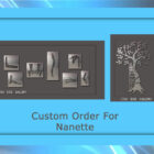 A framed display features six custom metal art pieces with a larger piece depicting a tree. Text below reads "Custom Order For Nanette," along with the "Cold Edge Gallery" logo on each exquisite artwork.