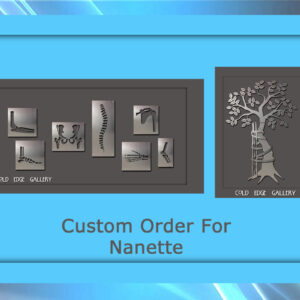 A framed display features six custom metal art pieces with a larger piece depicting a tree. Text below reads "Custom Order For Nanette," along with the "Cold Edge Gallery" logo on each exquisite artwork.