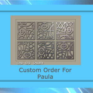 Image of a framed artwork with intricate geometric patterns. Text below the artwork reads "Custom Order For Paula" and "Cold Edge Gallery." The frame is blue with a gradient background, highlighting the meticulous detail of the custom metal design.