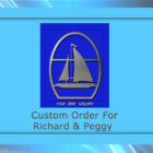 A silver sailboat logo for Cold Edge Gallery is elegantly displayed on a blue background with text: "Custom Metal Artwork Order for Richard & Peggy.
