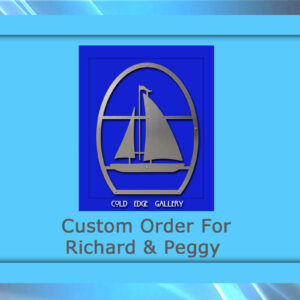 A silver sailboat logo for Cold Edge Gallery is elegantly displayed on a blue background with text: "Custom Metal Artwork Order for Richard & Peggy.