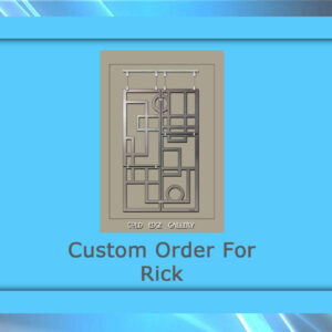 A custom metal artwork titled "Custom Order For Rick" displayed within a light blue border against a multicolored background.