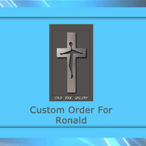 A framed artwork with a cross design is labeled "Custom Order For Ronald" and "Cold Edge Gallery" on a blue background.