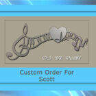 A metallic music-themed wall art with treble clef, heart, and notes displayed in a blue frame. Text reads "COLD EDGE GALLERY" and "Custom Order For Scott.