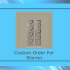 A framed artwork displays the text "Custom Order For Sharon" below two identical decorative metal panels from Cold Edge Gallery. The background has a gradient of blue and gray tones.