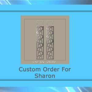 A framed artwork displays the text "Custom Order For Sharon" below two identical decorative metal panels from Cold Edge Gallery. The background has a gradient of blue and gray tones.