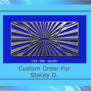 A framed custom art piece from Cold Edge Gallery with a geometric design. The label below reads: "Custom Order For Stacey D.
