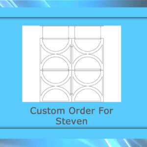A custom blue-framed artwork labeled "Custom Order For Steven," featuring a technical drawing of a symmetrical structure with curved metal elements.