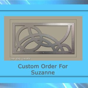 Rectangular metal artwork featuring intersecting curved lines on a gray background, labeled "Custom ...