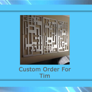 A large abstract geometric metal artwork is showcased in a blue frame, with the text "Custom Order For Tim" beneath it.