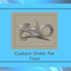A framed design from Cold Edge Gallery with the words "Custom Order For Traci" below the artwork. The custom piece features abstract metal shapes on a gray background.
