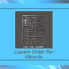 A geometric metal artwork with squares and circles, framed in blue, with text below reading "Custom Order For Viktoria" and "Cold Edge Gallery.