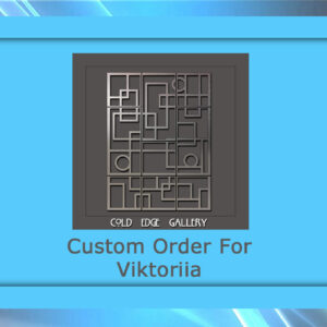 A geometric metal artwork with squares and circles, framed in blue, with text below reading "Custom Order For Viktoria" and "Cold Edge Gallery.