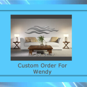 A framed image showcasing a custom living room with two white sofas, a wooden coffee table, abstract wall art, and the text "Custom Order For Wendy" from Cold Edge Gallery.