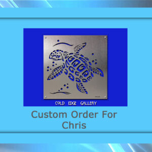 A custom metal artwork featuring geometric patterns with overlapping circles and squares, displayed against a white wall. The intricate design showcases a blend of modern and abstract styles.