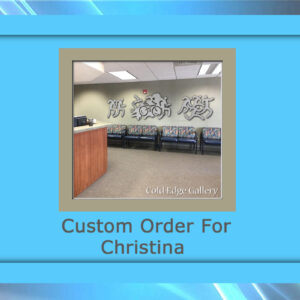 A waiting room with custom-patterned chairs against a light green wall and a wooden reception desk. The text "Custom Order for Christina" is displayed below the image, adding a touch of personalized artwork to the space.