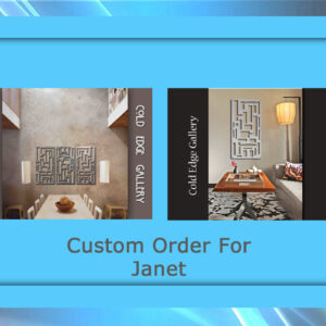 Image of a custom order for "Janet" from Cold Edge Gallery, showcasing two decorative metal wall art pieces displayed in modern interiors.