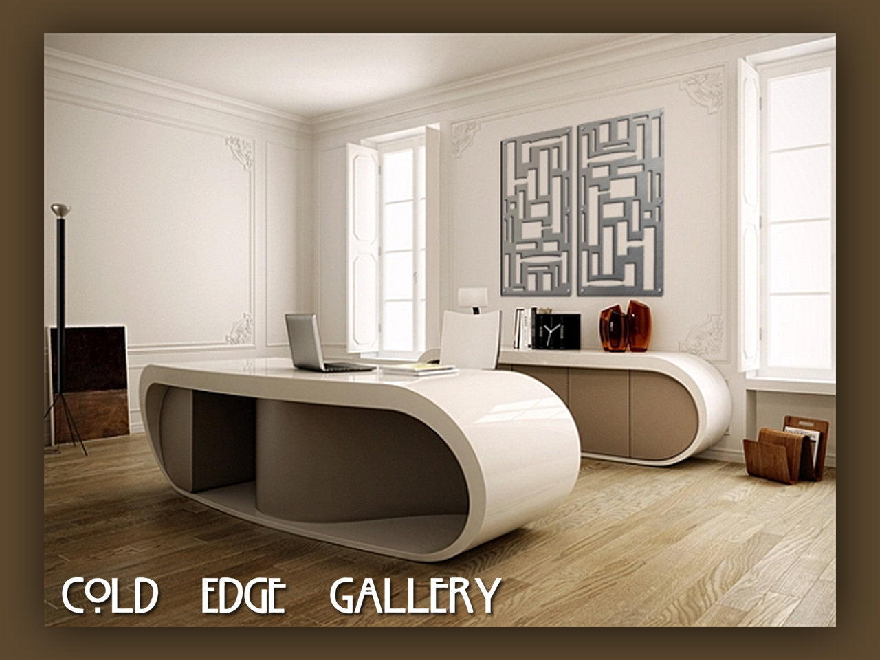 wp-image30783996624992-1 Modern office space with white curvilinear desk, matching sideboard, and custom abstract wall art. Room features wooden flooring, white walls, and open windows. Text reads "COLD EDGE GALLERY.