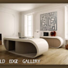 Modern office space with white curvilinear desk, matching sideboard, and custom abstract wall art. Room features wooden flooring, white walls, and open windows. Text reads "COLD EDGE GALLERY.