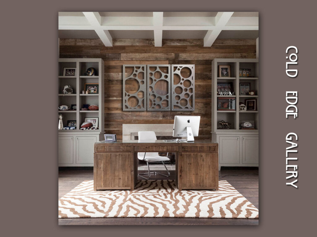 Modern office with a wooden desk, white chair, and shelves displaying sports memorabilia. Zebra-patterned rug on the floor.
