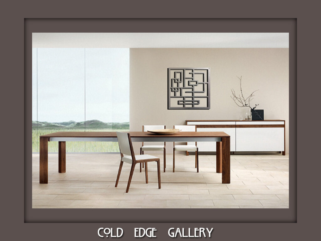Modern dining room with a wooden table, white chairs, and a minimalist decor featuring a wall art piece.