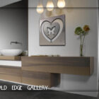 A modern bathroom features a wooden floating vanity with a white sink. Above it, a square artwork with a heart and butterfly design hangs on the wall. Three pendant lights illuminate the space.