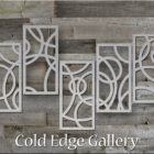 A metallic artwork featuring five rectangular panels with abstract circular designs is mounted on a wooden wall, with the text "Cold Edge Gallery" at the bottom.