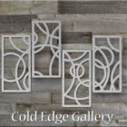 A wall art piece featuring four rectangular metal panels with abstract circular patterns mounted on a textured wooden background. Text at the bottom reads "Cold Edge Gallery.